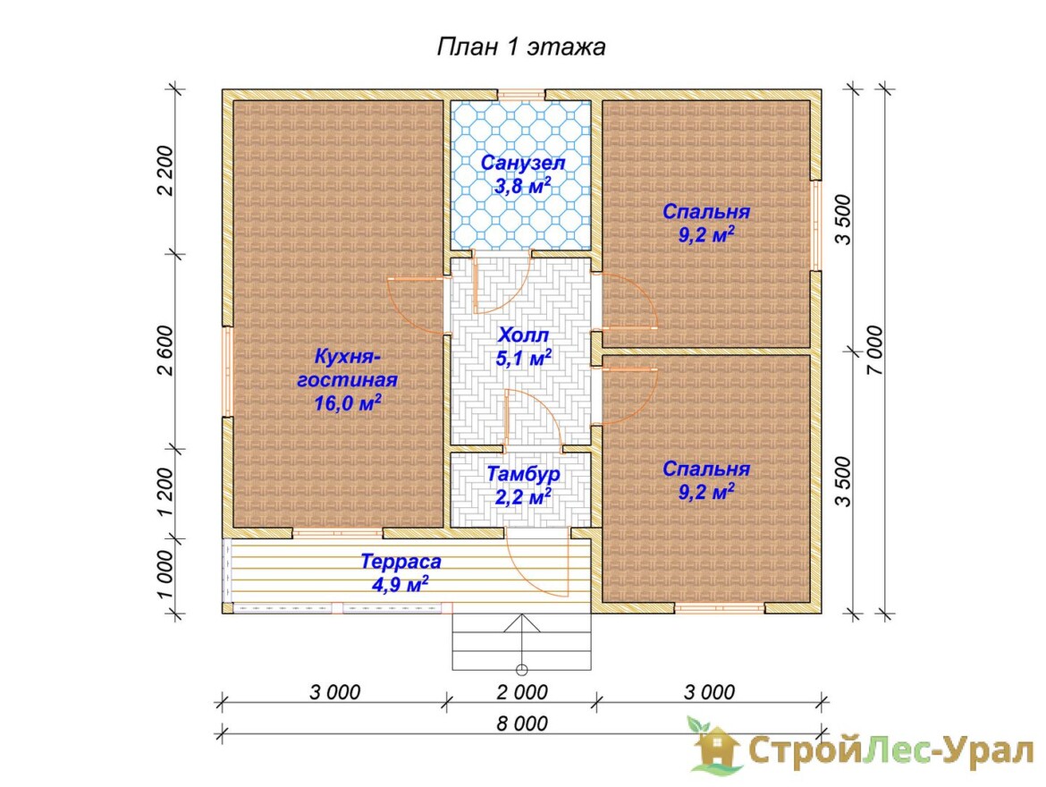 Проект дома ДБ-83 (7х8м), площадью 45м² из бруса 150х150мм | Стройлес-урал